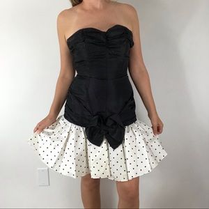VINTAGE 80’s Black White Polka Dot Strapless Cocktail Party Formal Prom Dress